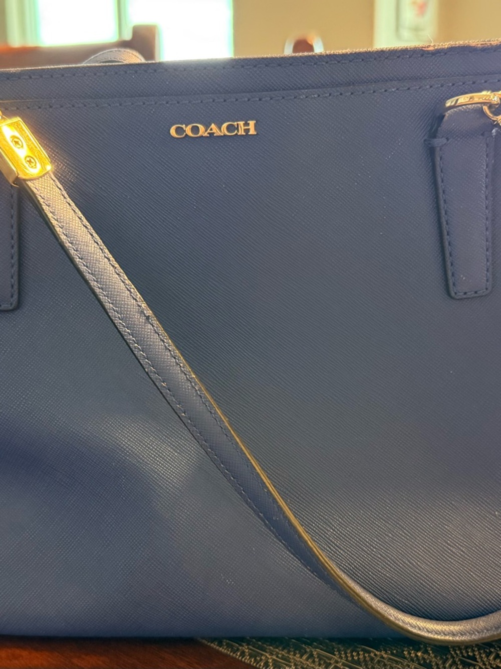 COACH Navy Saffiano Leather Shoulder Tote with Gold Hardware